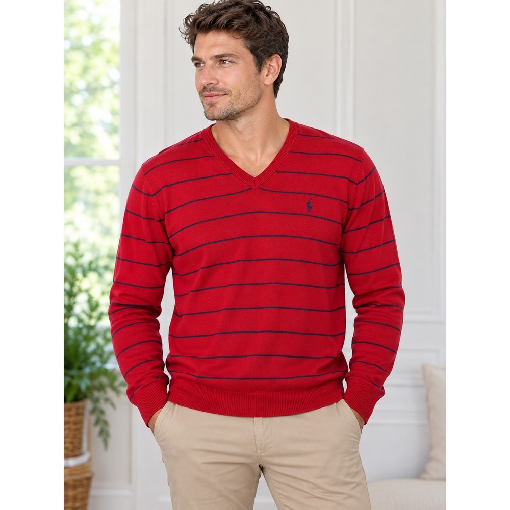 Polo Ralph Lauren Mens Medium Red Navy Striped 100% Pima Cotton V-Neck Sweater
